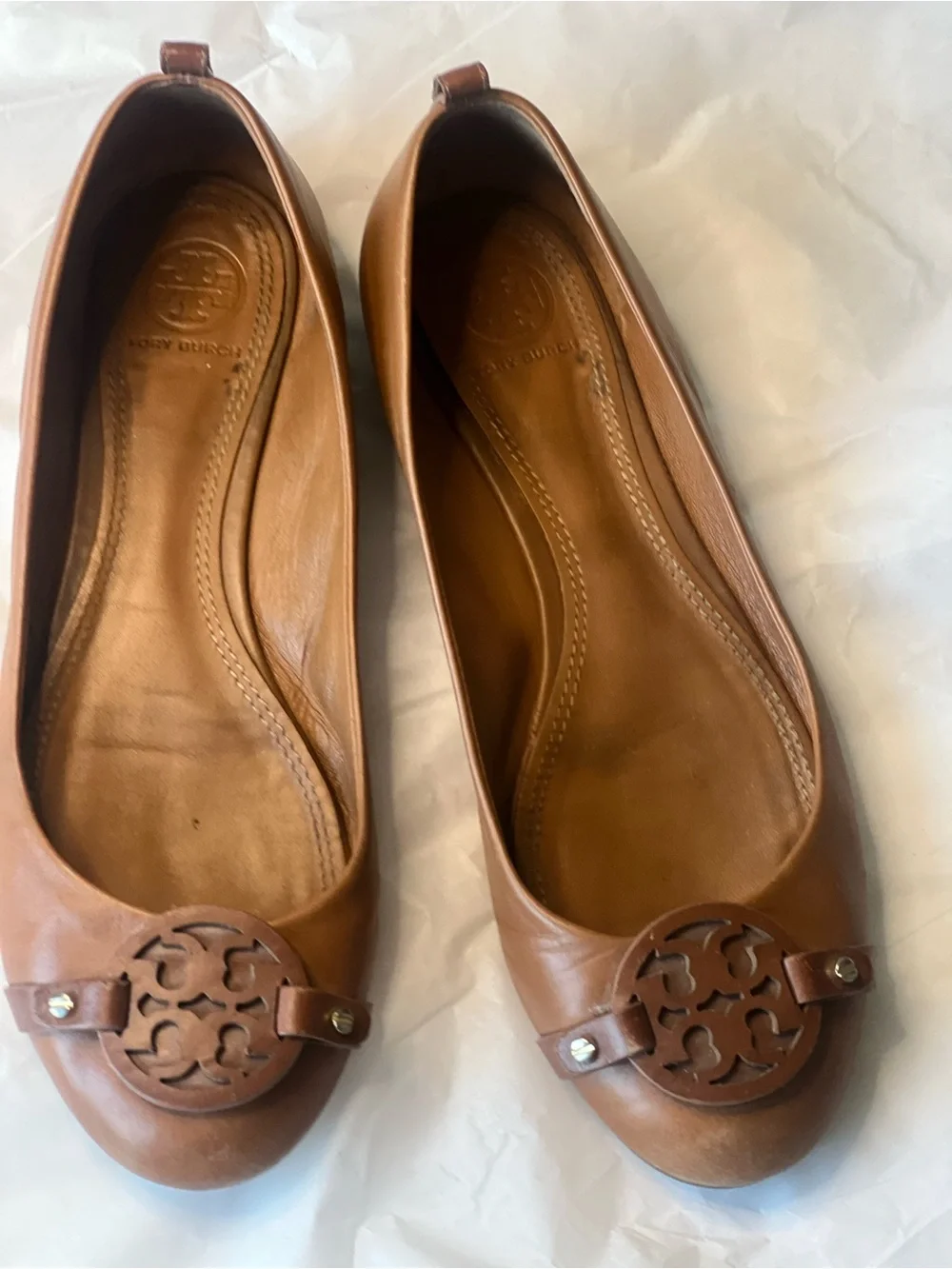 Tory Burch Tan Leather Logo Ballet Flats